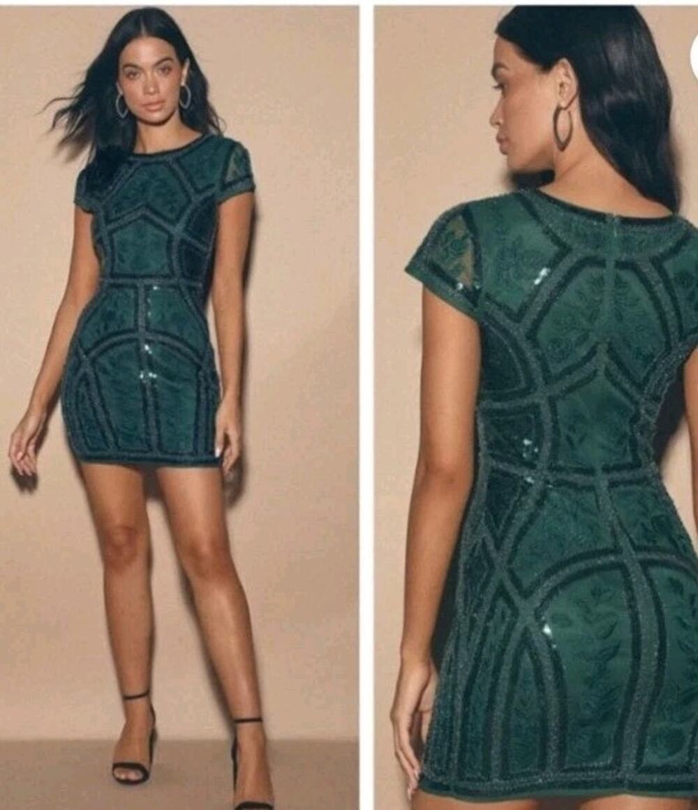 Lulus "Spread Your Shine" Emerald Green Sequin Bodycon Dress M